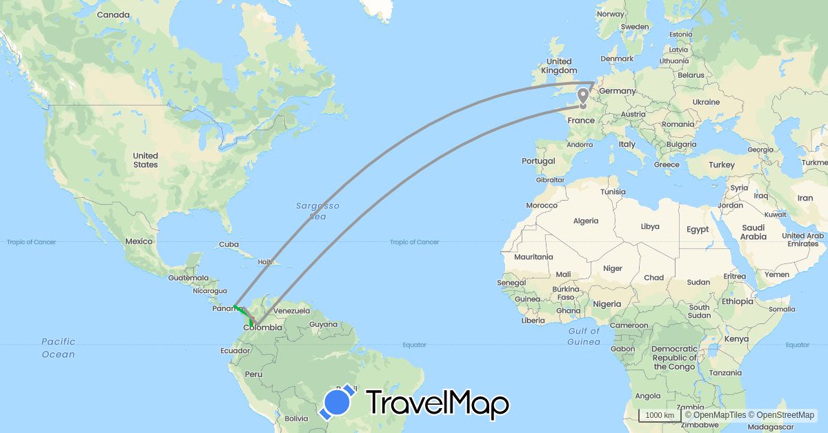 TravelMap itinerary: bus, plane, hiking, boat in Colombia, France, Netherlands, Panama (Europe, North America, South America)